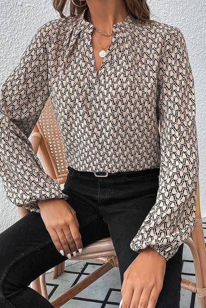 Green Geometric Print Notched Neck Puff Sleeve Blouse