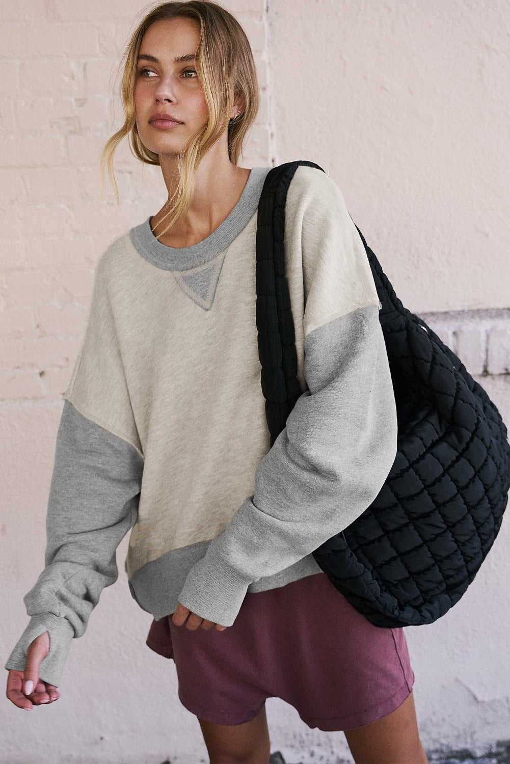 Parchment Color Block Thumbhole Sleeve Drop Shoulder Sweatshirt