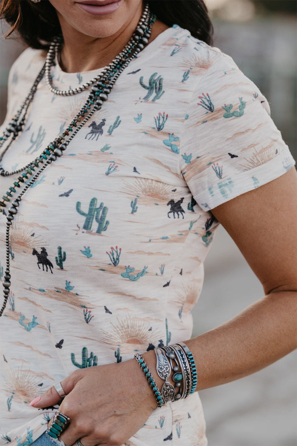 Beige Western Cactus Print Crew Neck Short Sleeve Top