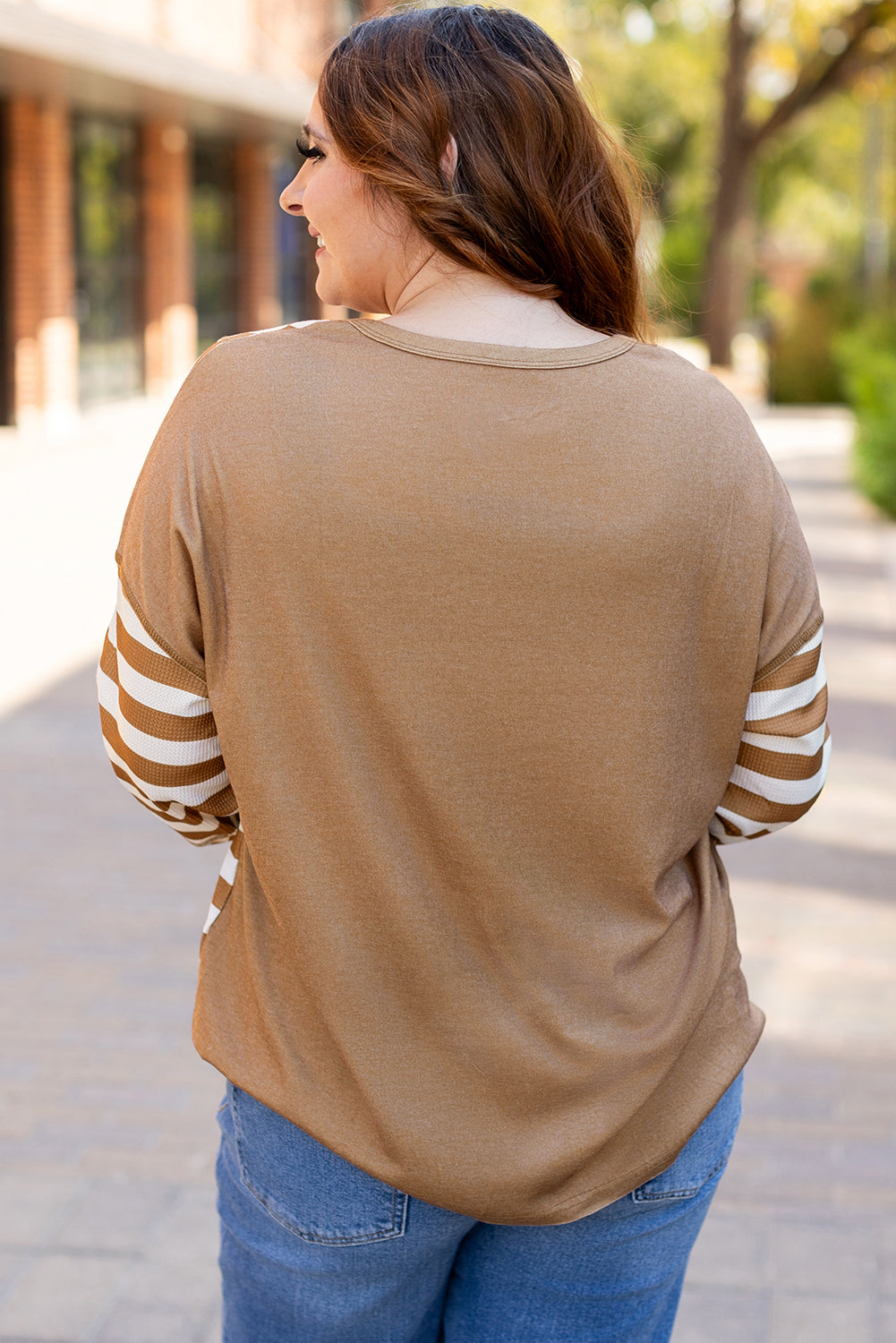 Khaki Striped Checkered Mixed Print Chest Pocket Casual Plus Size Top