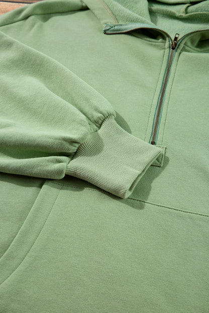 Bonbon Fleece Lined Half Zipper Kangaroo Pockets Loose Hoodie