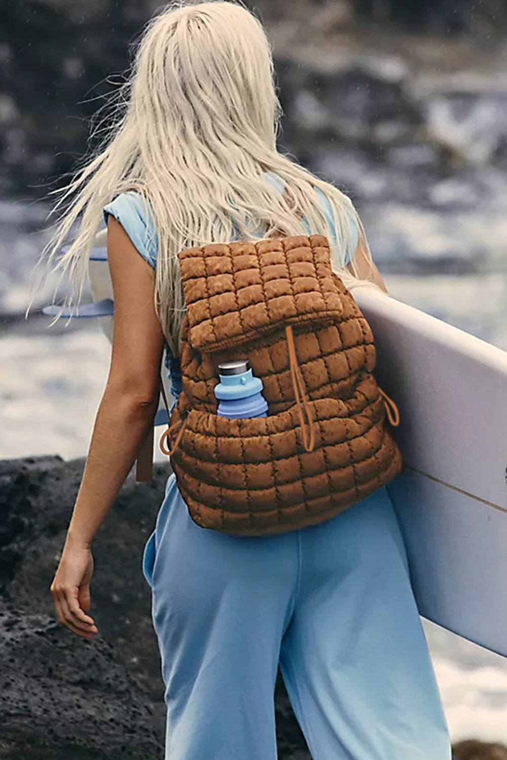 Dusk Blue Solid Flapped Quilted Puffer Backpack