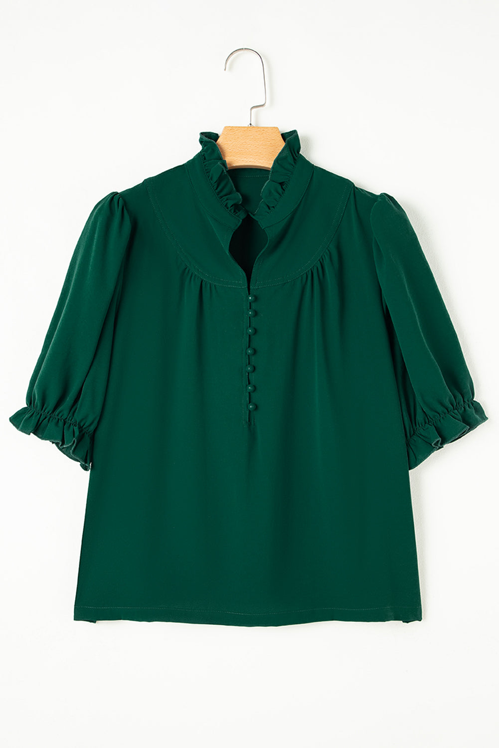 Green Stripe Plaid Puff Sleeve Frilled Trim Elegant Blouse
