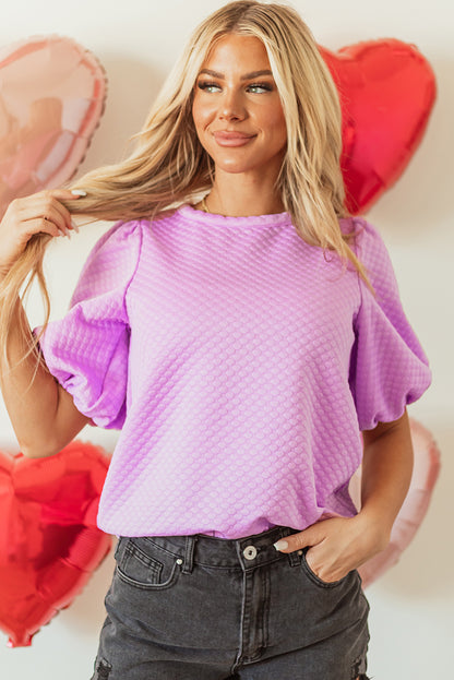 White Solid Textured O Neck Puff Sleeve Blouse