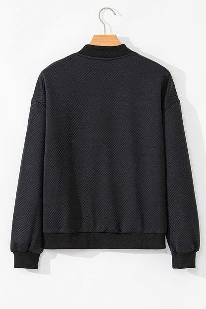 Myosotis Solid Textured Stand Neck Zipper Bomber Jacket