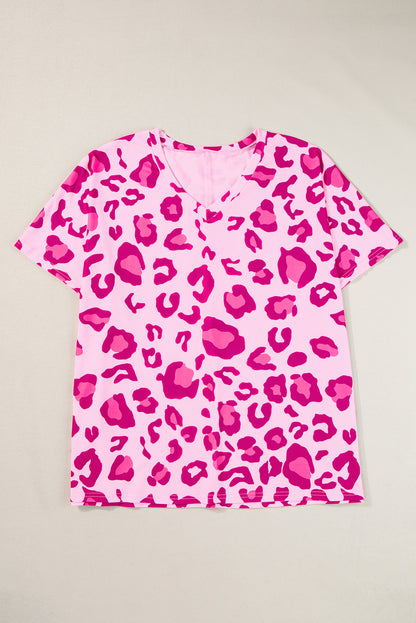 Pink Leopard Print V Neck Plus Size Tee