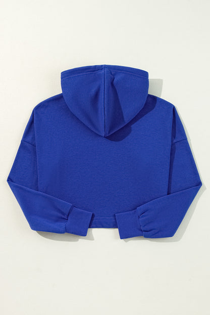 Black Solid Drop Shoulder Drawstring Cropped Hoodie