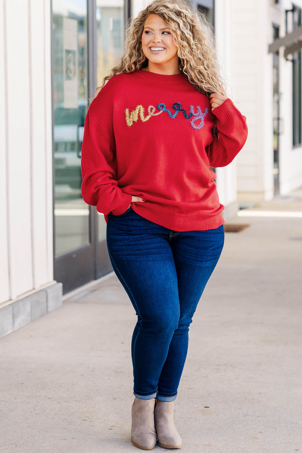 Fiery Red Tinsel merry Pattern Drop Shoulder Plus Size Sweater