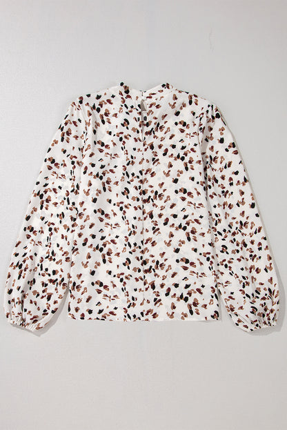 Black Leopard Print Lantern Sleeve Mock Neck Pleated Blouse