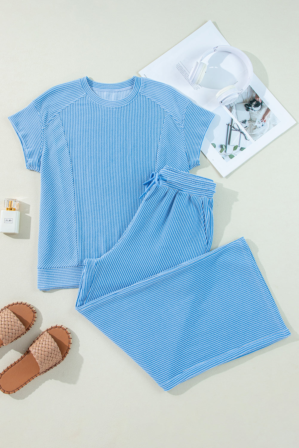 Wild Wind Solid Corded Knit Short Sleeve T Shirt and Wide Leg Pants Set