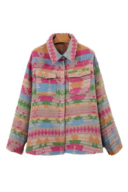 Pink Plus Size Aztec Printed Flap Pocket Shacket