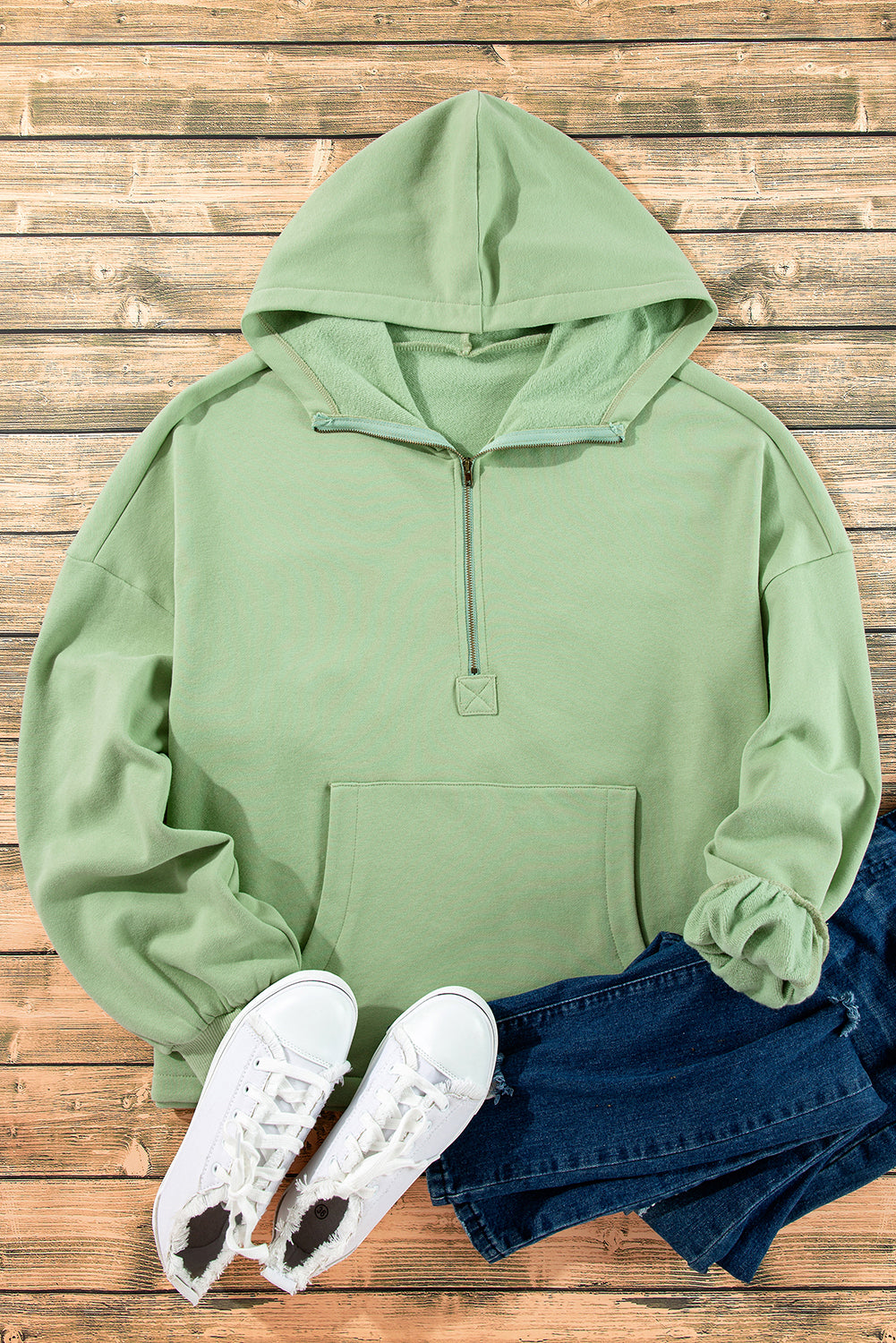 Bonbon Fleece Lined Half Zipper Kangaroo Pockets Loose Hoodie