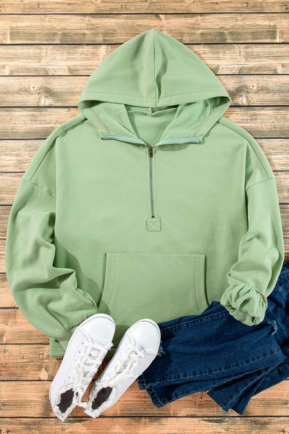 Bonbon Fleece Lined Half Zipper Kangaroo Pockets Loose Hoodie