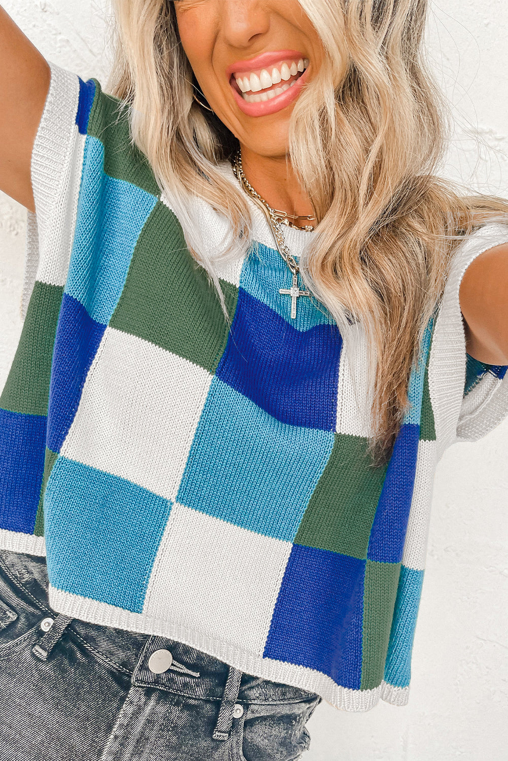 Dark Green Color Block Cap Sleeve Sweater