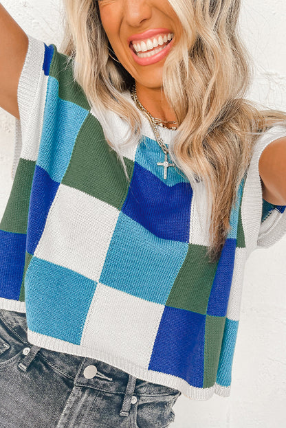 Dark Green Color Block Cap Sleeve Sweater