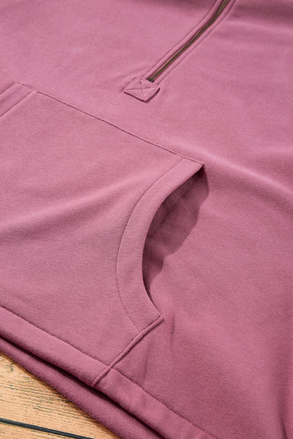 Bonbon Fleece Lined Half Zipper Kangaroo Pockets Loose Hoodie