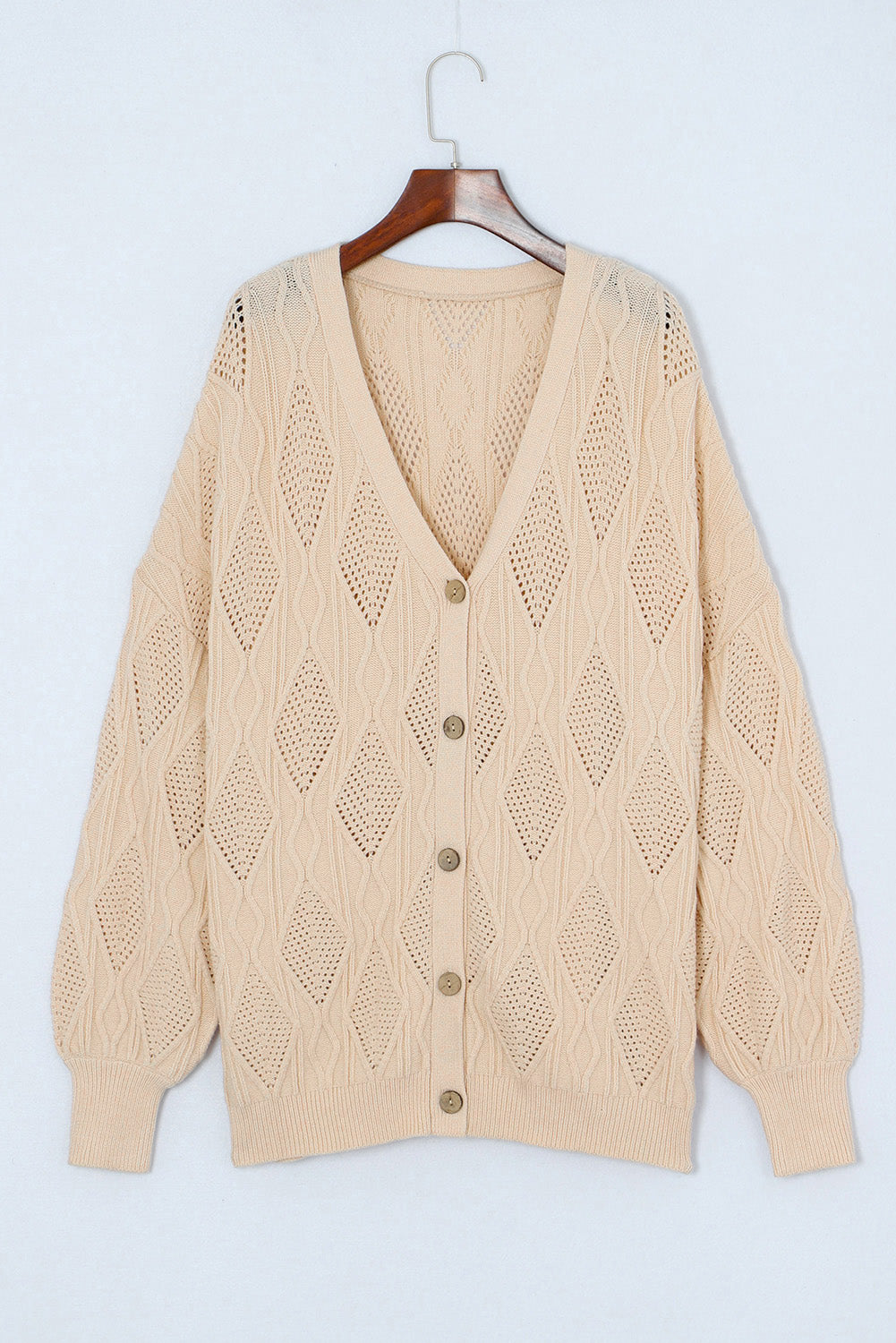 Apricot Plus Size Knitted Hollow Out Button Up Cardigan