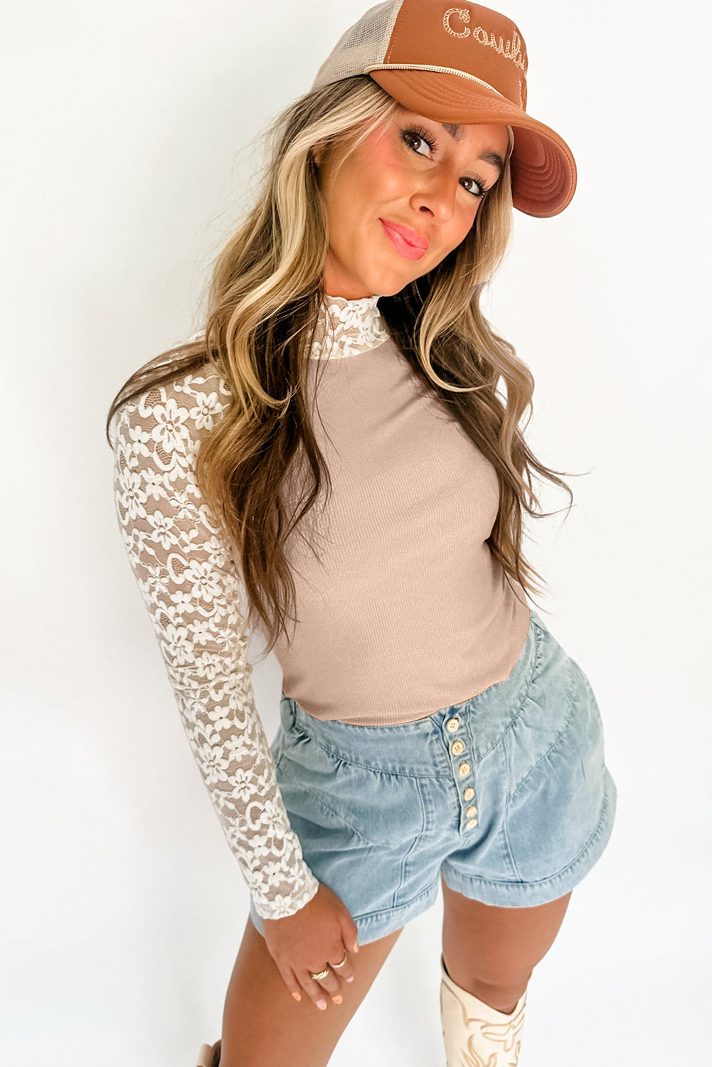 Black Floral Lace Patchwork Long Sleeve High Neck Slim Top