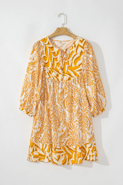 Orange Bohemian Print Puff Sleeve Tied V Neck Flared Mini Dress