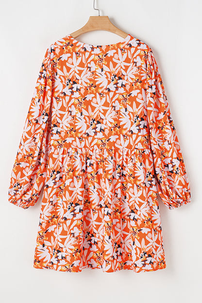 Orange Floral Print Split V Neck Bubble Sleeve Plus Size Midi Dress