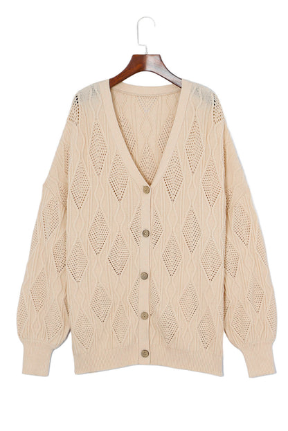 Apricot Plus Size Knitted Hollow Out Button Up Cardigan