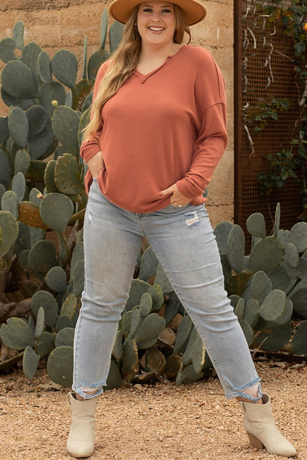 Gold Flame Plus Size Exposed Seam V Neck Long Sleeve Top