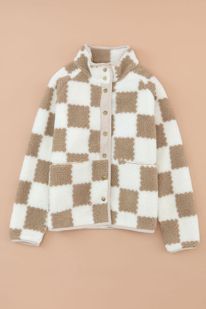 Lapis Checked Snap Button Sherpa Jacket