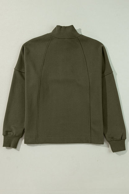 Smoke Gray Zipped Neck Pullover Drop Shoulder Sweatshirt