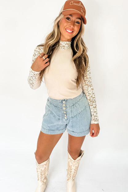 Black Floral Lace Patchwork Long Sleeve High Neck Slim Top