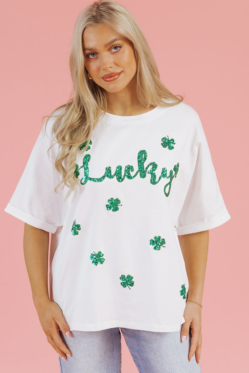 White St Patrick Lucky Clover Sequin Graphic T Shirt