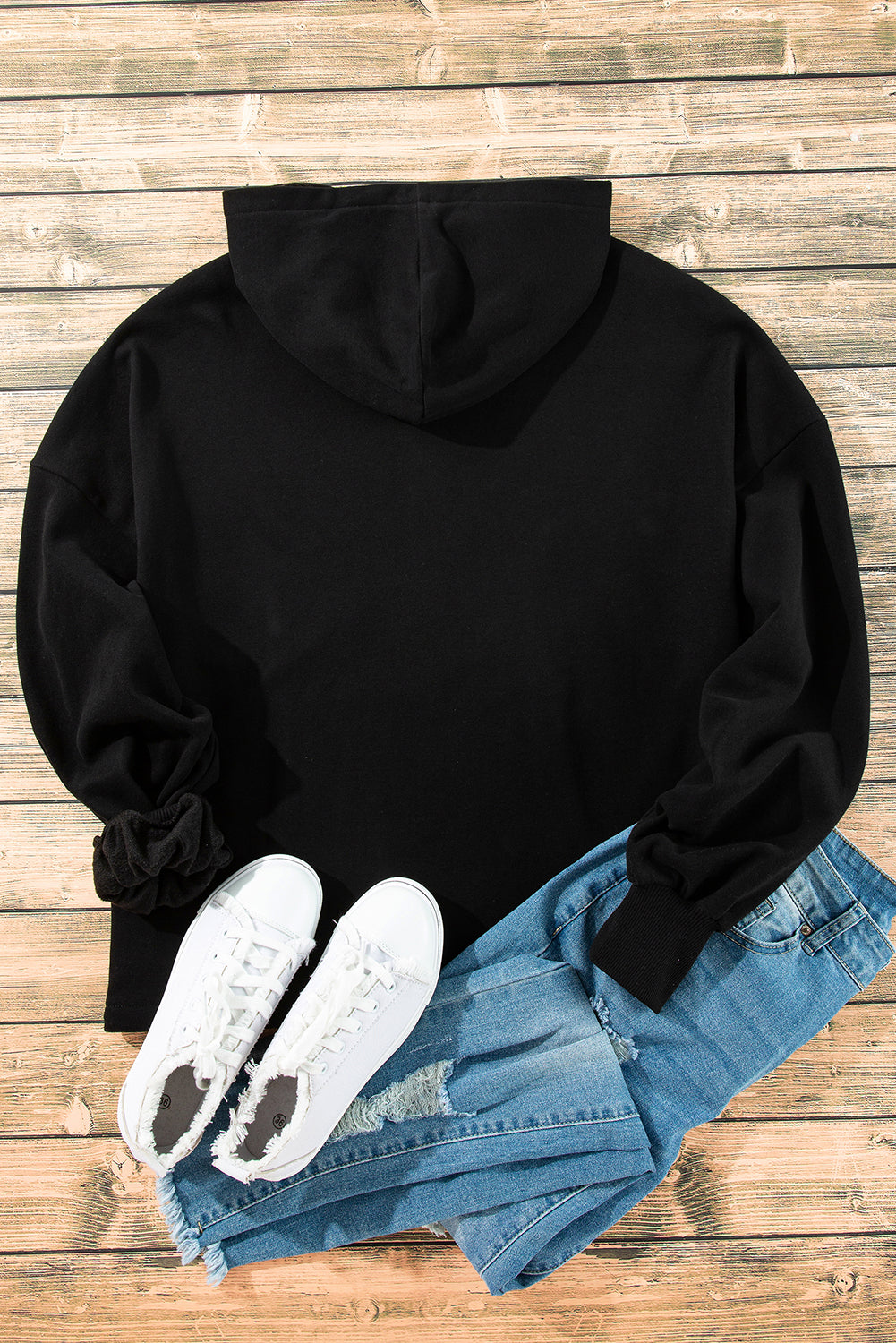 Bonbon Fleece Lined Half Zipper Kangaroo Pockets Loose Hoodie