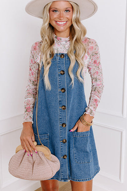 Medium Grey Wide Strap Button Front Pocketed Denim Mini Dress