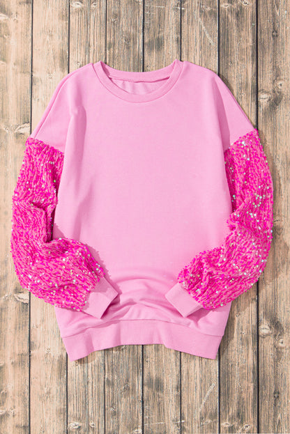 Orchid Petal Sequin Patchwork Long Sleeve Pullover Top