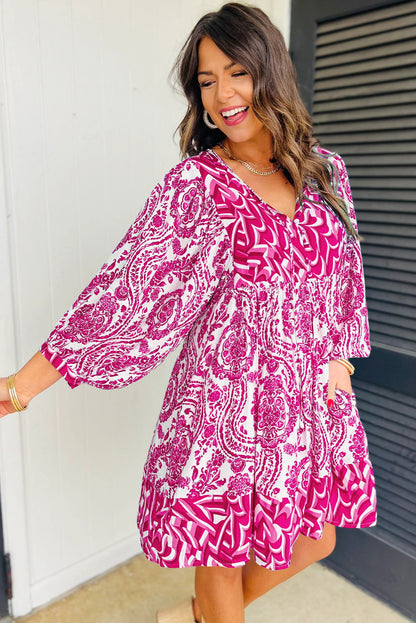 Orange Bohemian Print Puff Sleeve Tied V Neck Flared Mini Dress
