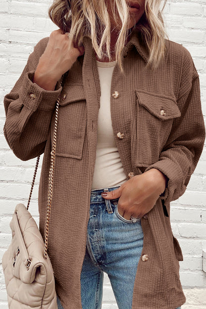 Black Corduroy Flap Pocket Button Up Shacket