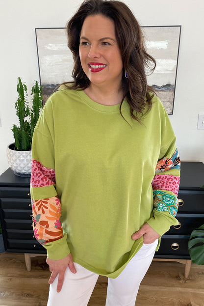 Rose Red Plus Size Printed Patchwork Sleeve Split Sweatshirt