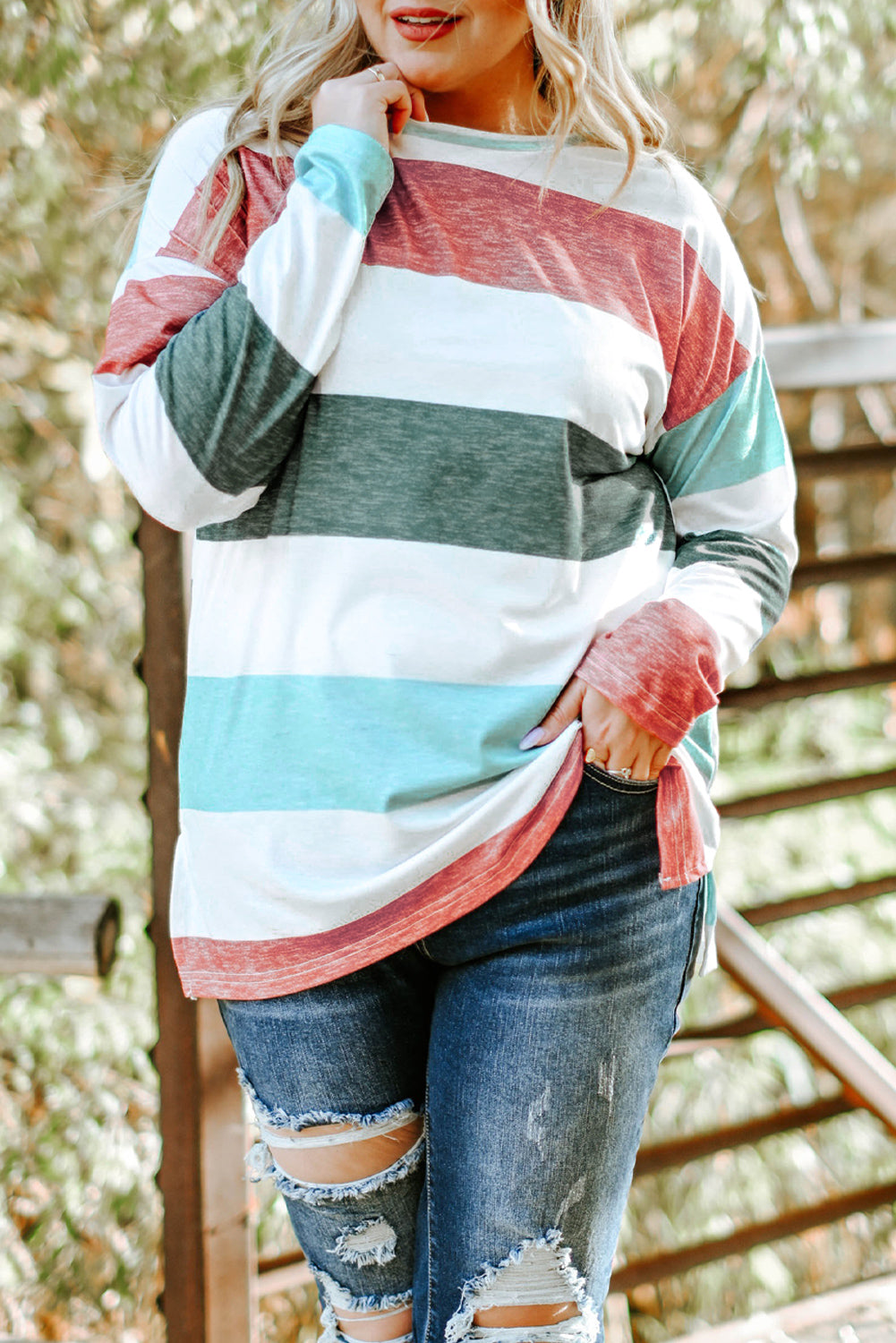 Green Stripe Plus Size Colorblock Pullover Top