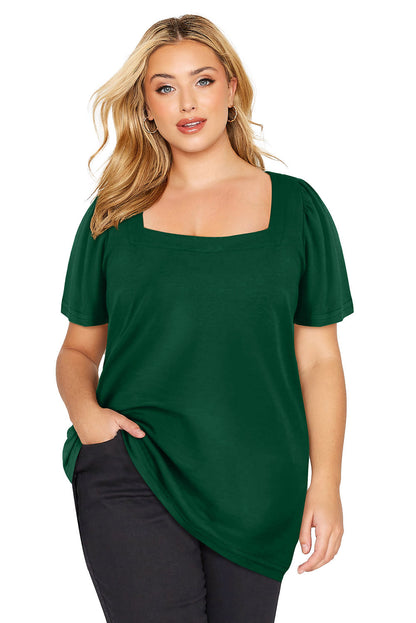 Green Plus Size Square Neck Ruched Shoulder Short Sleeve Top