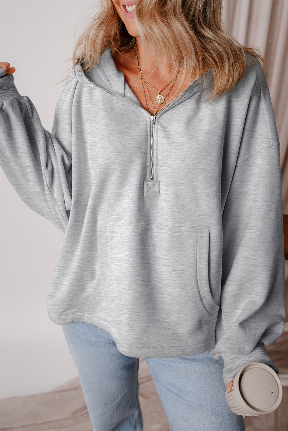 Bonbon Fleece Lined Half Zipper Kangaroo Pockets Loose Hoodie