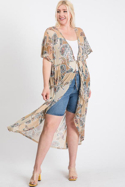 Short Sleeves Long-line Printed Mesh Open Cardigan