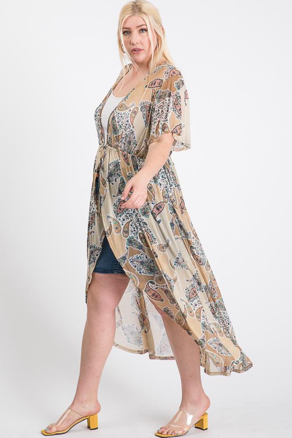 Short Sleeves Long-line Printed Mesh Open Cardigan