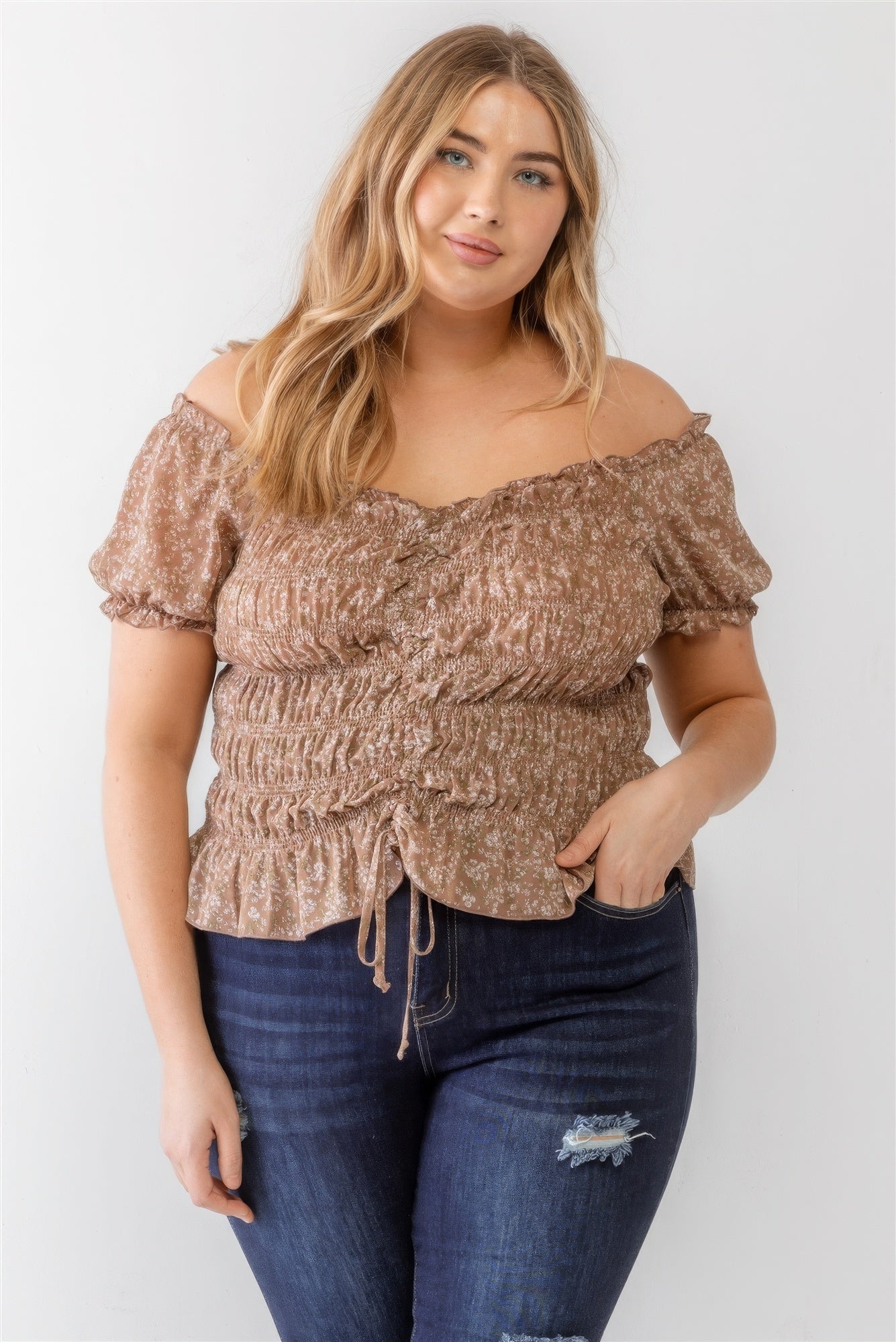 Plus Floral Chiffon Ruched Smocked Off-the-shoulder Top