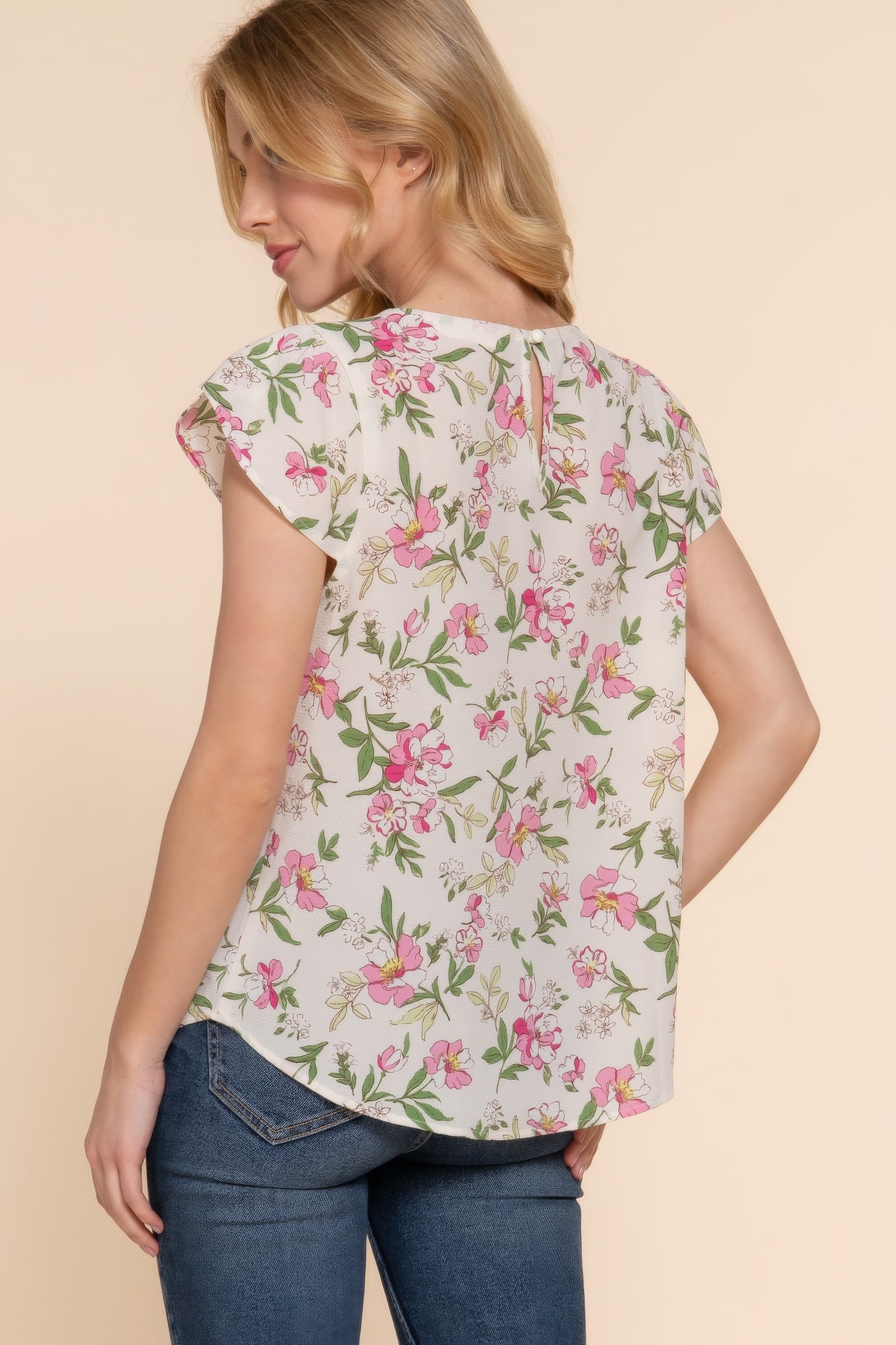 Short Tulip Slv Floral Print Woven Top