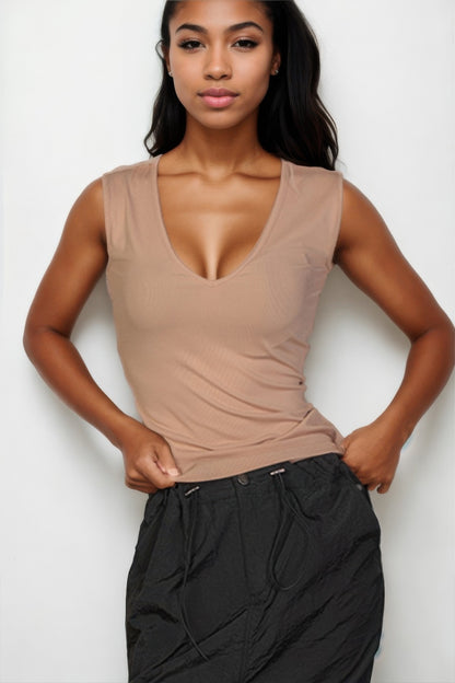 Ribbed V-neck Sleeveless Top