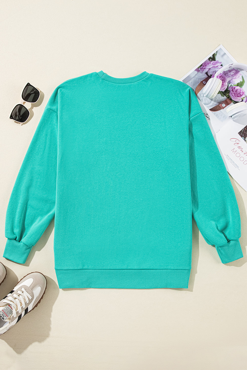 Parchment Solid O Neck High Low Hem Pullover Sweatshirt