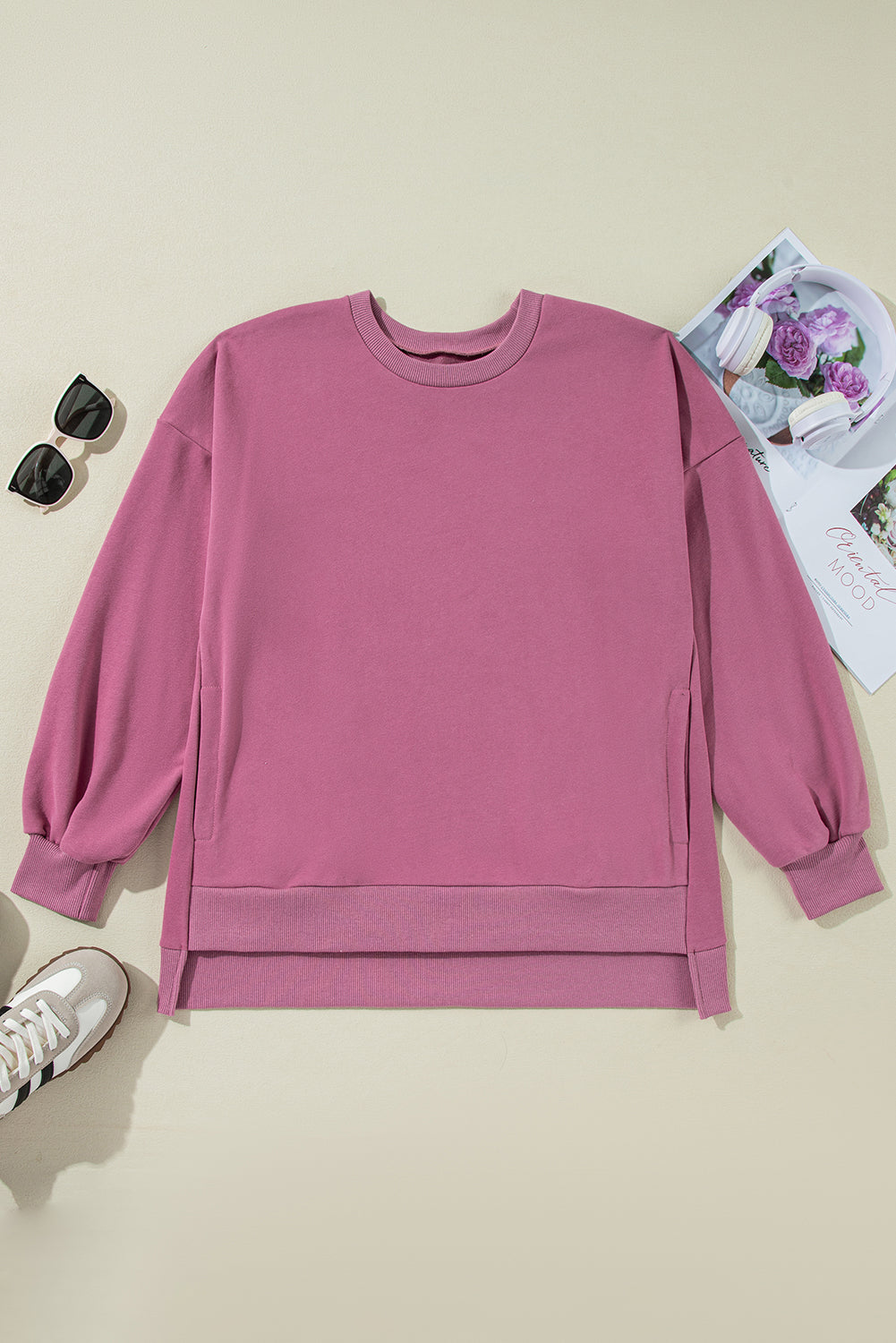 Parchment Solid O Neck High Low Hem Pullover Sweatshirt