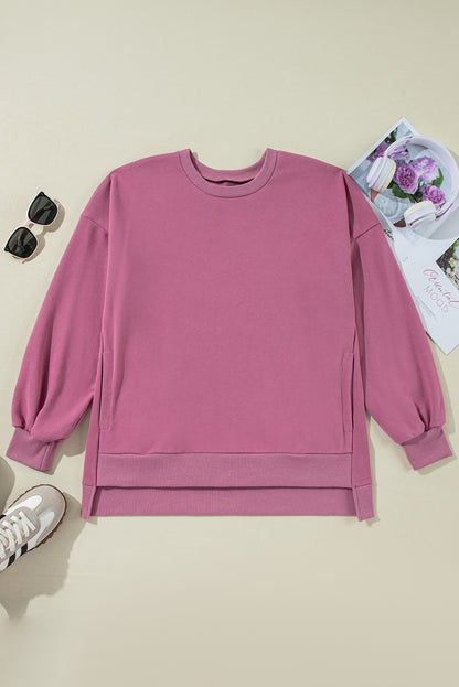 Parchment Solid O Neck High Low Hem Pullover Sweatshirt