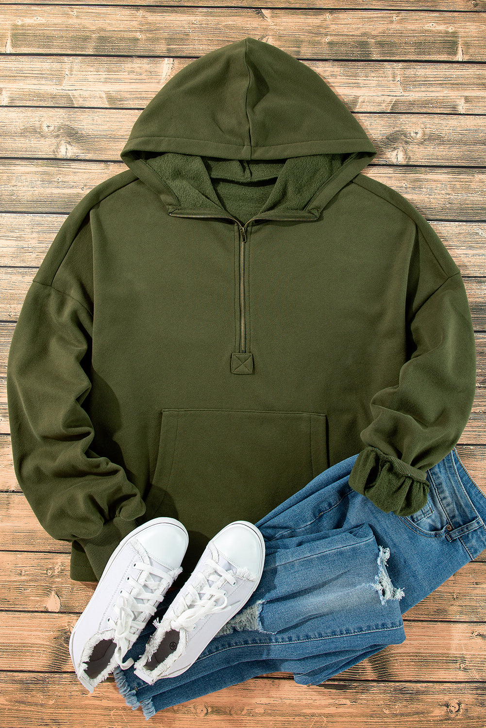 Bonbon Fleece Lined Half Zipper Kangaroo Pockets Loose Hoodie