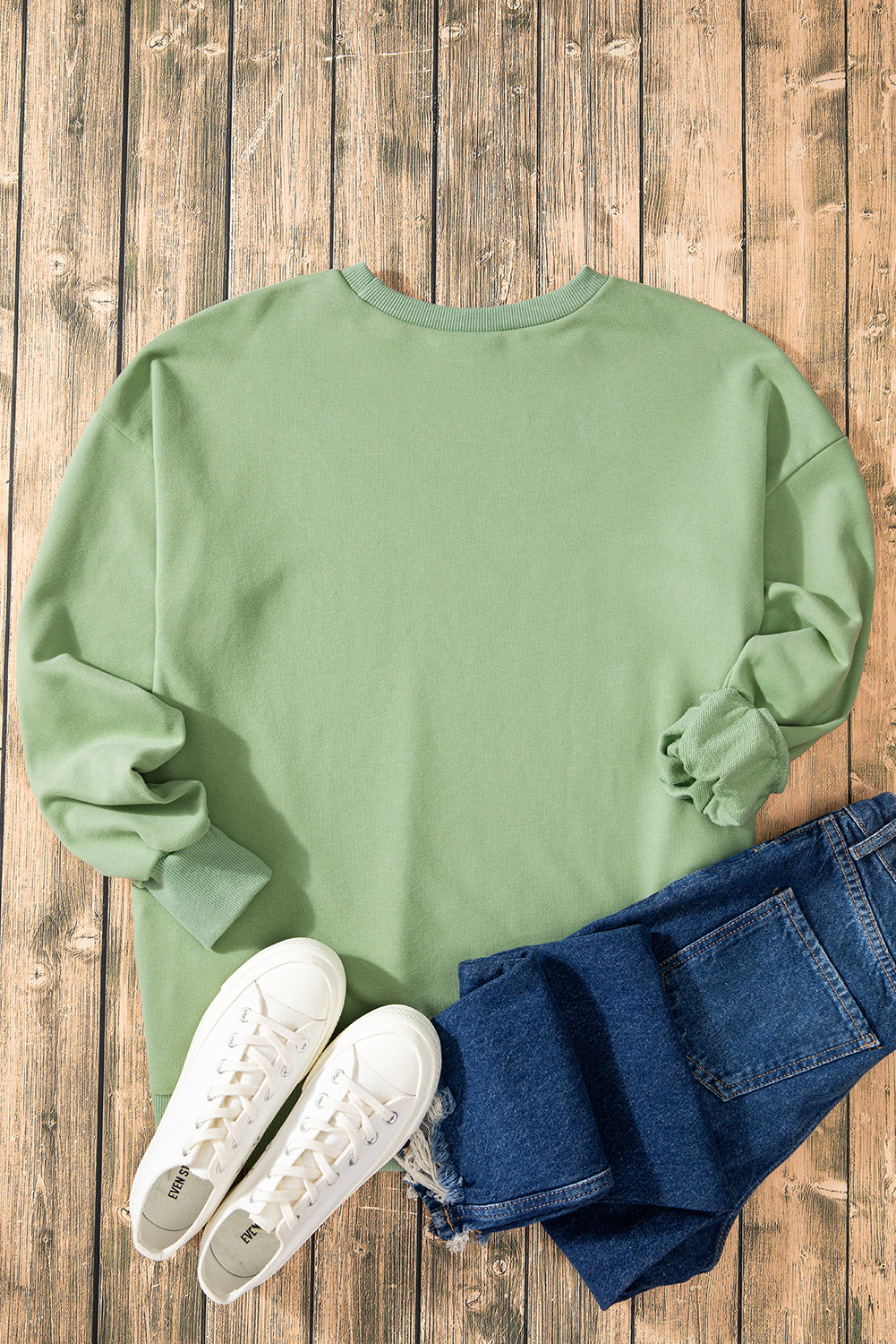 Parchment Solid O Neck High Low Hem Pullover Sweatshirt