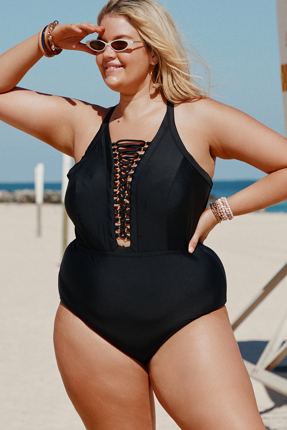 Solid Black Crisscross Plunge V Neck Plus Maillot Swimwear